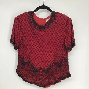 Papell Boutique Vintage Beaded Short Sleeve Top 100% Silk Party Size Large